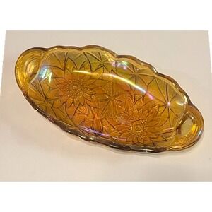 Vintage Indiana Glass Amber Carnival Floral Oval Dish Sunflower Trinket Marigold